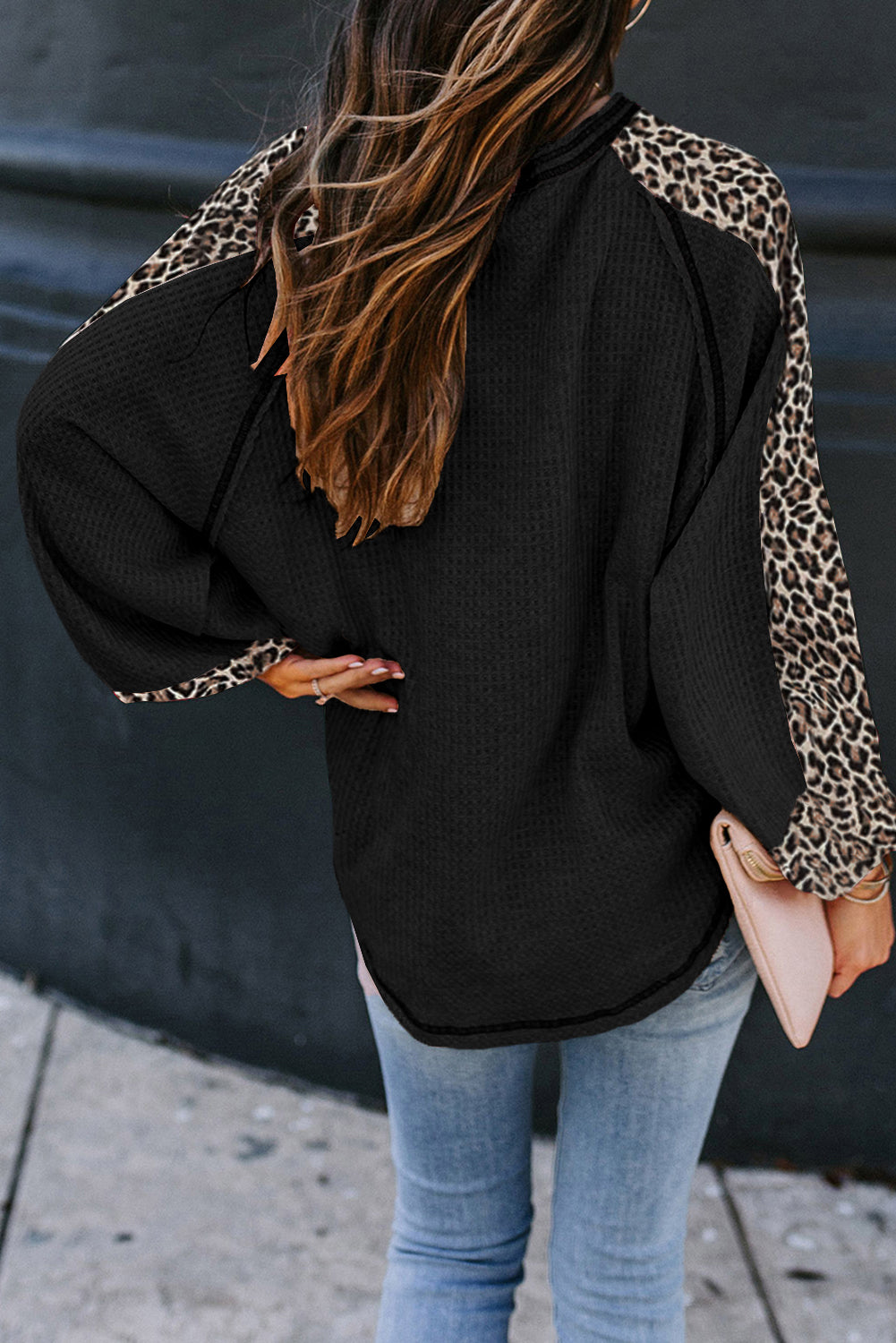 Waffle V~Neck W/ Leopard Sleeves