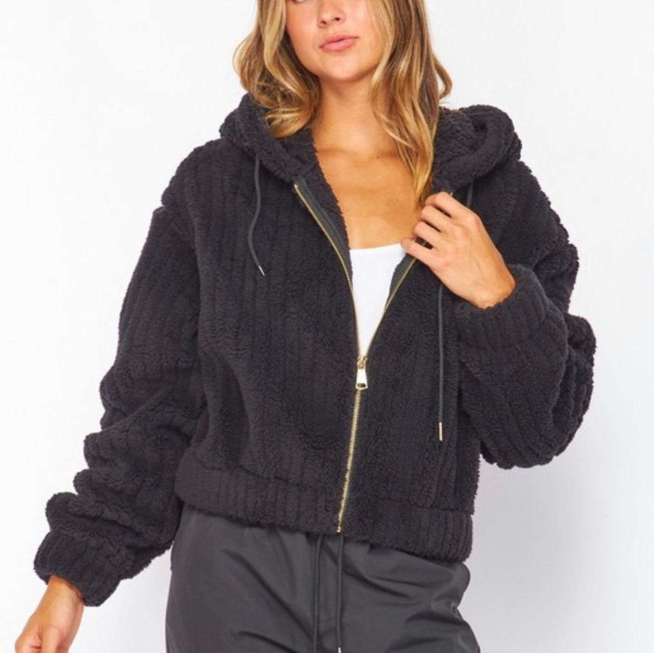 Fur lined puff hooded zip jacket