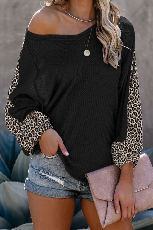 Waffle V~Neck W/ Leopard Sleeves